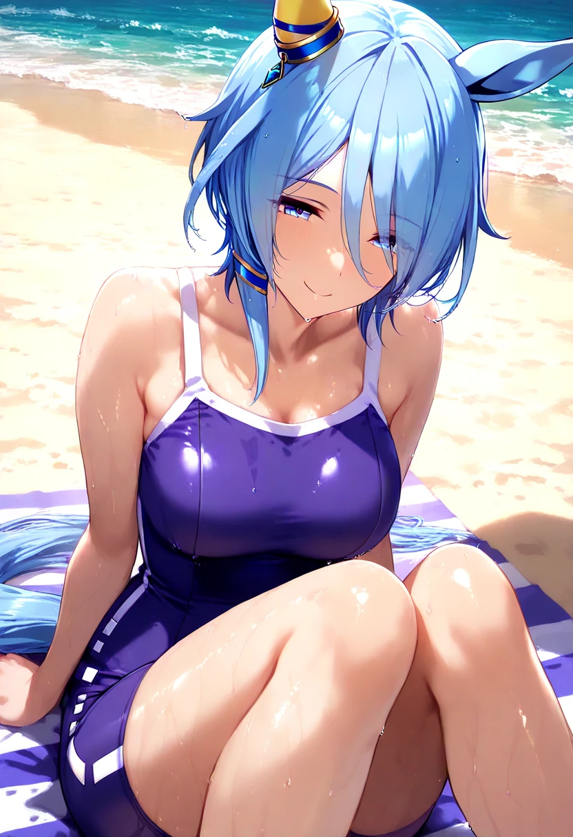 Fischl from genshin impact, lying on a beach chair, hands at the back of a head in swimwear top with split skirt blue color , anime art, beach tress in background, hairs on front of left shoulder