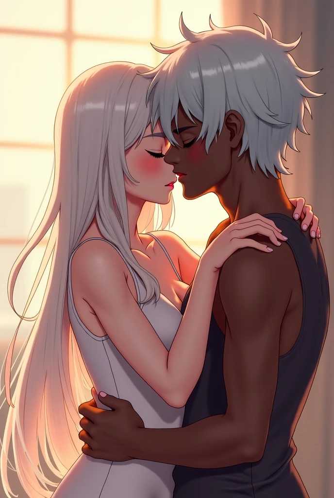 A woman with long white hair, bangs, dark blue eyes, dark gray, gentle face, kind, gentle smile, big breasts, good figure, good figure, about 162 centimeters tall, having sex with a man with a good figure, big dick, about 185 centimeters tall, dark skin, creamy blonde hair, anime style.