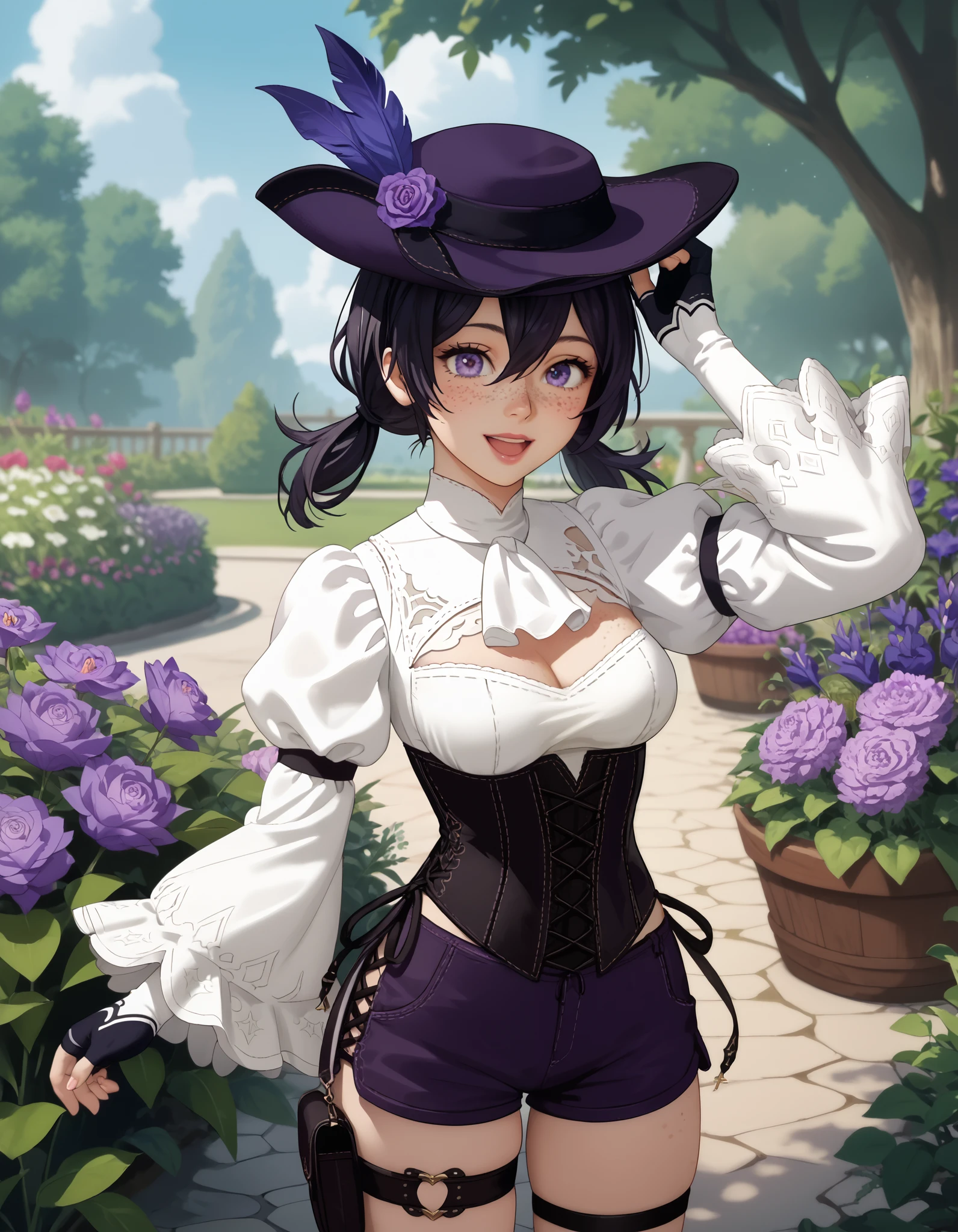 score_9, score_8_up, score_7_up, source_anime, anime_screencap, solo, nier2b, 1girl, purple eyes, big eyes, ish, open mouth, lips, smile, low twintails, medium hair, hair between eyes, tricorne, purple tricorne, white ascot, wide sleeves, long sleeves, coattails, white shirt, purple hat, hat, hat_feather, black hair, frills, freckles, ouji fashion, purple corset, corset, purple shorts, cross-laced shorts, thigh strap, medium breasts, white sleeves, framed breasts, fingerless gloves, purple orchids, garden, hand on headwear, cowboy shot,