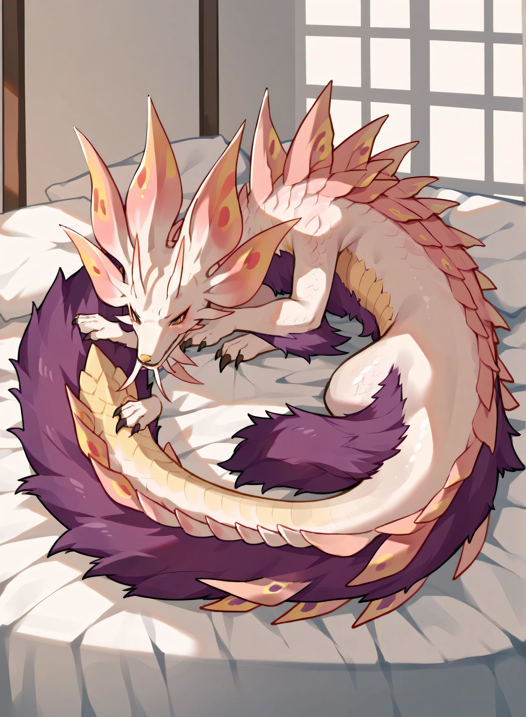 mizutsune、mizutsune is fluffy like a dragon and a fox、bed、 room background、