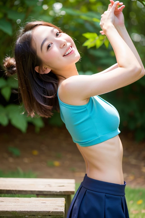 (High resolution、8k),1 garlic clove,Cute 16 year old Japanese girl,( Perfect Arms,Perfect hands),(With legs wide open,Jump:1.5),transparent,white,Panties made of triangular fabric with a small surface area :1.2),(white,Tight bandeau top:1.2) ,From the knee up、Stand with your back straight,Telephoto lens camera、Looking into the camera、(chest:1.2)、Thick and glossy lips、Kind eyes ,水色の壁に寄りかかってAre standing,(Are standing:1.5),belly button,(Light brown hair,Wolf Cut), barefoot ,Very realistic,Tanned healthy skin