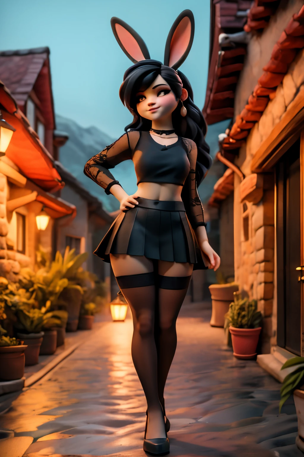 A sophisticated anthropomorphic femal rabbit with a confident sexy pose strolls through a charming cobblestone street in a picturesque village. Her features are striking, with long black hair reflecting shades of violet. She wears a trendy black crop top and a flared skirt, complemented by sheer sleeves and thigh-high stockings. The background features quaint old buildings adorned with potted plants and warm lighting, enhancing the cozy atmosphere of the scene.