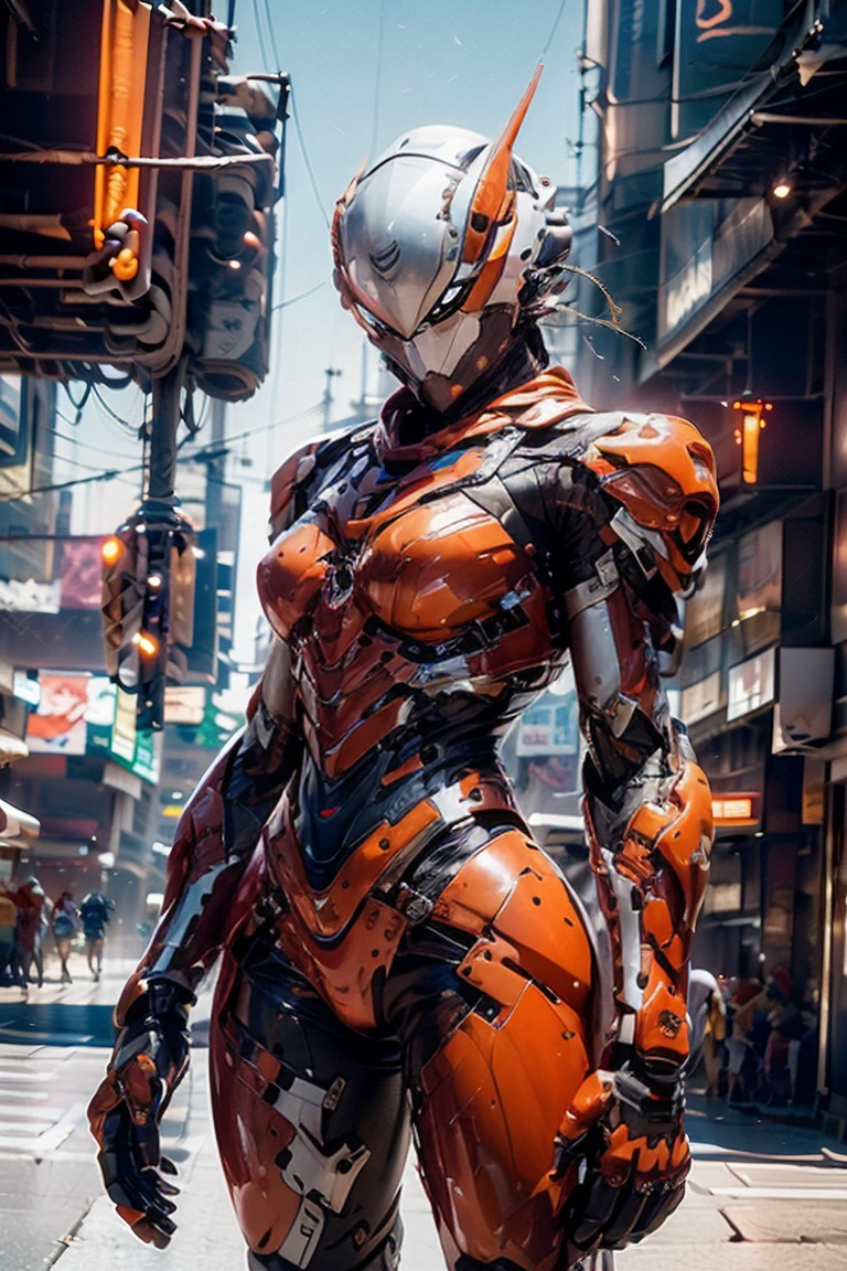 A woman adorned in fantasy-style full-body armor, a crown-concept fully enclosed helmet that unveils only her eyes, a composite layered chest plate, fully encompassing shoulder and hand guards, a lightweight waist armor, form-fitting shin guards, the overall design is heavy-duty yet flexible, ((Kamen Rider Tiger orange and black lanes color)), exhibiting a noble aura, she floats above a fantasy-surreal high-tech city, this character embodies a finely crafted fantasy-surreal style armored hero in anime style, exquisite and mature manga art style, (Queen bee mixed with Spider concept Armor, plasma, blood), ((Element, energy, elegant, goddess, femminine:1.5)), metallic, high definition, best quality, highres, ultra-detailed, ultra-fine painting, extremely delicate, professional, anatomically correct, symmetrical face, extremely detailed eyes and face, high quality eyes, creativity, RAW photo, UHD, 32k, Natural light, cinematic lighting, masterpiece-anatomy-perfect, masterpiece:1.5