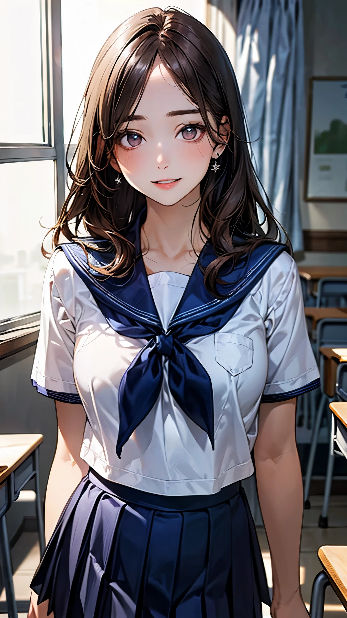 (8k,Photorealistic, masutepiece, Best Quality, Raw photo:1.3)、1girl in, 25years old,Solo,adult girl, Long hair, Brown hair, Detailed beautiful face, alluring face, (Detailed beautiful brown eyes:1.2), big breasts,(underboob:1.3),(coverd nipples:1.1),(loos school uniform :1.35), ( Perfect body skinny beauty: 1.4),( temptation Pose:1.3), (Looking at Viewer, front view,eyes focus:1.2), Detailed background, (sunset:1.2), classroom,fine detailed, intricate detailes,  Ray tracing, depth of fields, seductive smile,classroom,