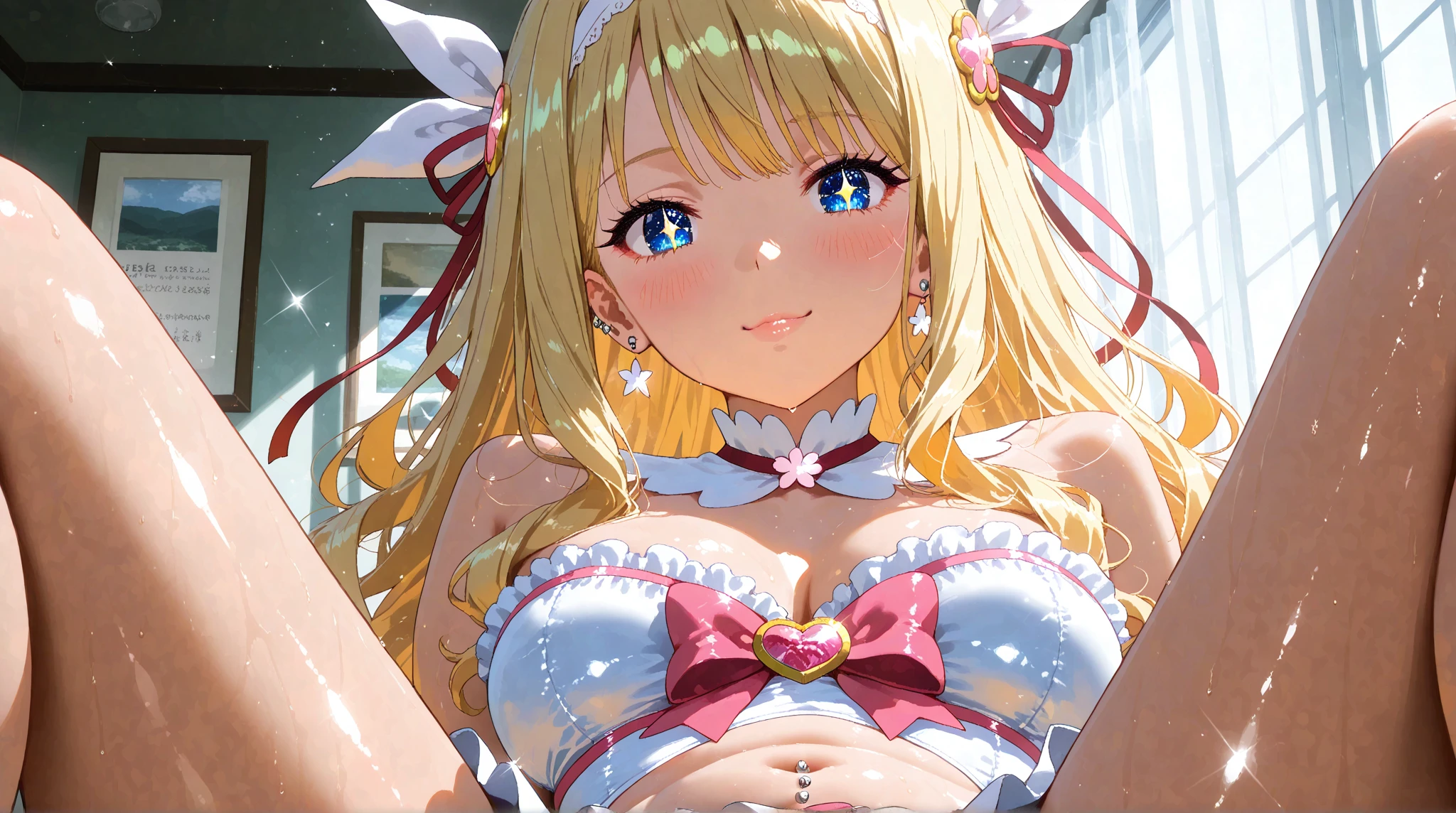 masterpiece, best quality, 1girl,blonde hair,Sui, (finely detailed heart shaped pupils and detailed face),,cowbody shot,lovestruck,extremely detailed CG unity 8k wallpaper,solo,(latex maid costume:0.9),glamour body,seductive smile