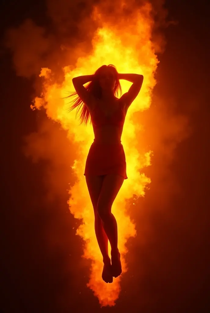 close up, NSFW, naked, open legs pose, naked pussy, Photo of a woman engulfed in fire and smoke., standing fearlessly in a burning building, (flaming red hair:1.32), (ethereal quality:1.33), wearing a skirt, (hair flying behind her:1.25), neckline, socks