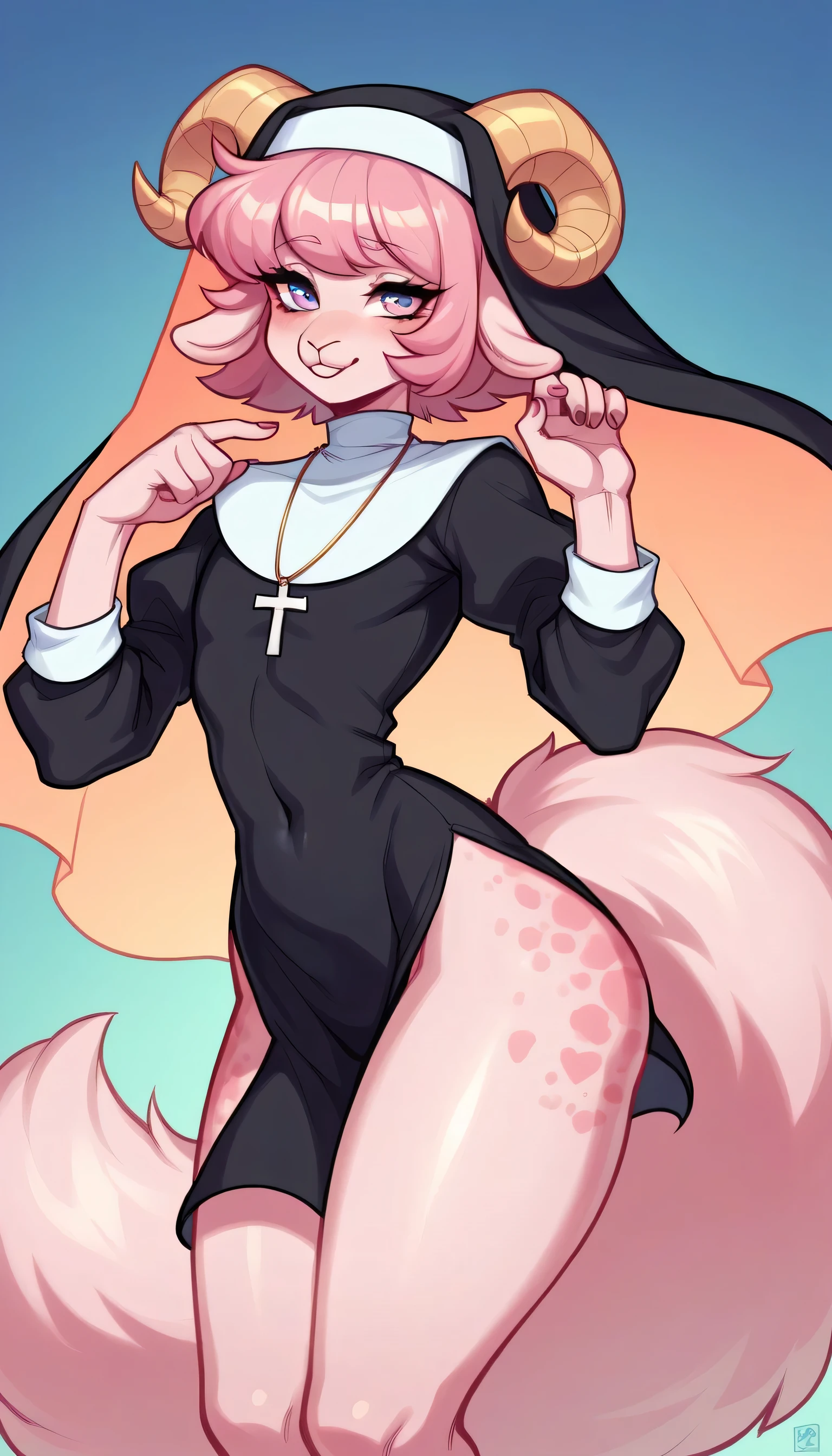 better quality, very detailed illustration , solo, ( Anthropomorphic furry sheep:1,7), ruffled voluminous bouncy hair , delgado, ideal body, thin waist , wide hips, simple drawing, Artifyber style , pastel flat colors , beautiful, cartoon ,solo, short curly pink hair, nun outfit, fluffy tail, ram horns, seductive, femboy