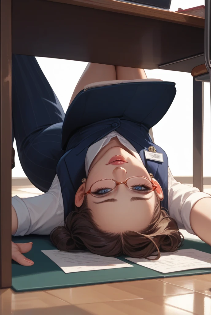 (lying on the ground:1.3), Lisa, genshin impact, 1 girl, alone, ((white shirt)), black Thighhighs, big breasts, cleavage, uniform, office background, denim shorts, office, hair between eyes, messy hair, big breasts, long hair, looking at the viewer, brown hair, red short nails, green eyes, alone, Thighhighs, thighs, very long hair, ((masterpiece)), classroom, board, class board, Teaching, I can see through my clothes, open your mouth a little, Curvaceous, Erotic positions, slender woman,