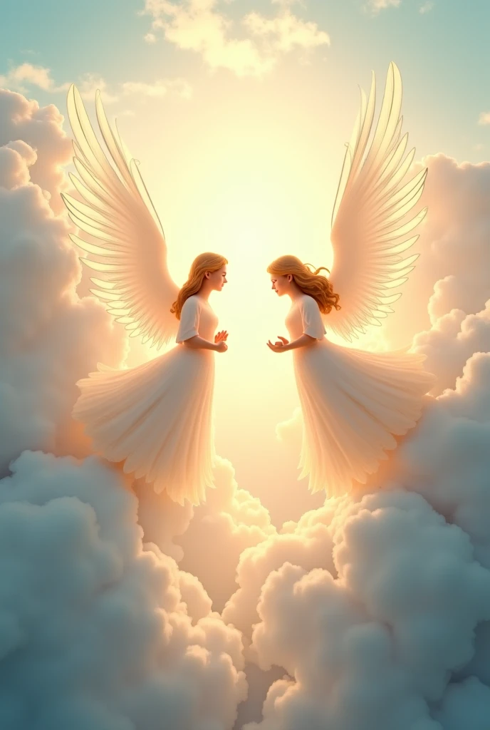 Two angels with big wings, leaning over and with their hands on their chins amidst many clouds in a clear sky 