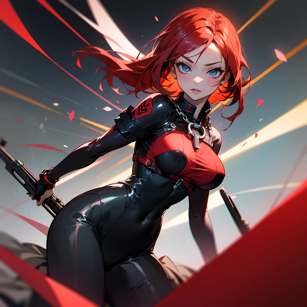 1black boy with braided hair to chin,holding sword,1 girl with wavy red hair on shoulders,black latex suit,cables on back,battle pose,side by side,white background,small red light underneath,best quality,4k,8k,highres,masterpiece:1.2,ultra-detailed,realistic,photorealistic,photo-realistic:1.37,cinematic lighting,dramatic,cyberpunk,anime,ghost in the shell inspired