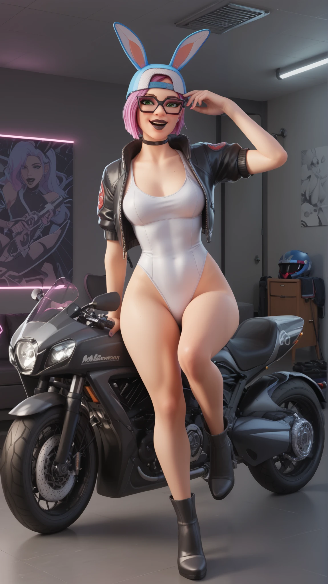 girl (masterpiece), choker, black lips, evening, beautiful green eyes, short pink hair, glasses, black floor, gaming Room,mouth open,mischievous smile, white swimsuit,black jacket,high heels,Steel-heeled thigh-high boots, motorcycle helmet with rabbit ears,motorcycle helmet on, showing face,with a gun in his hand,short jacket with the sleeves rolled up,black futuristic room, neon light