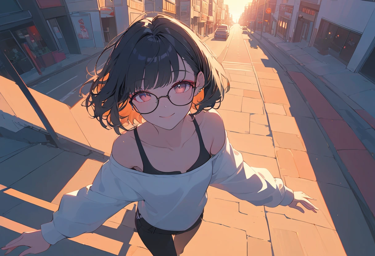 cute anime short hair asian girl with glasses facing front