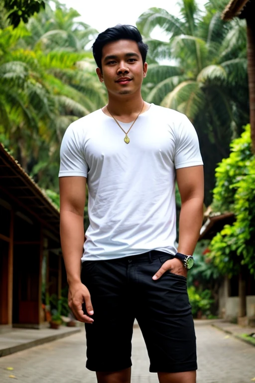Indonesian guy, shirtless, hairy, muscle , briefs, full body