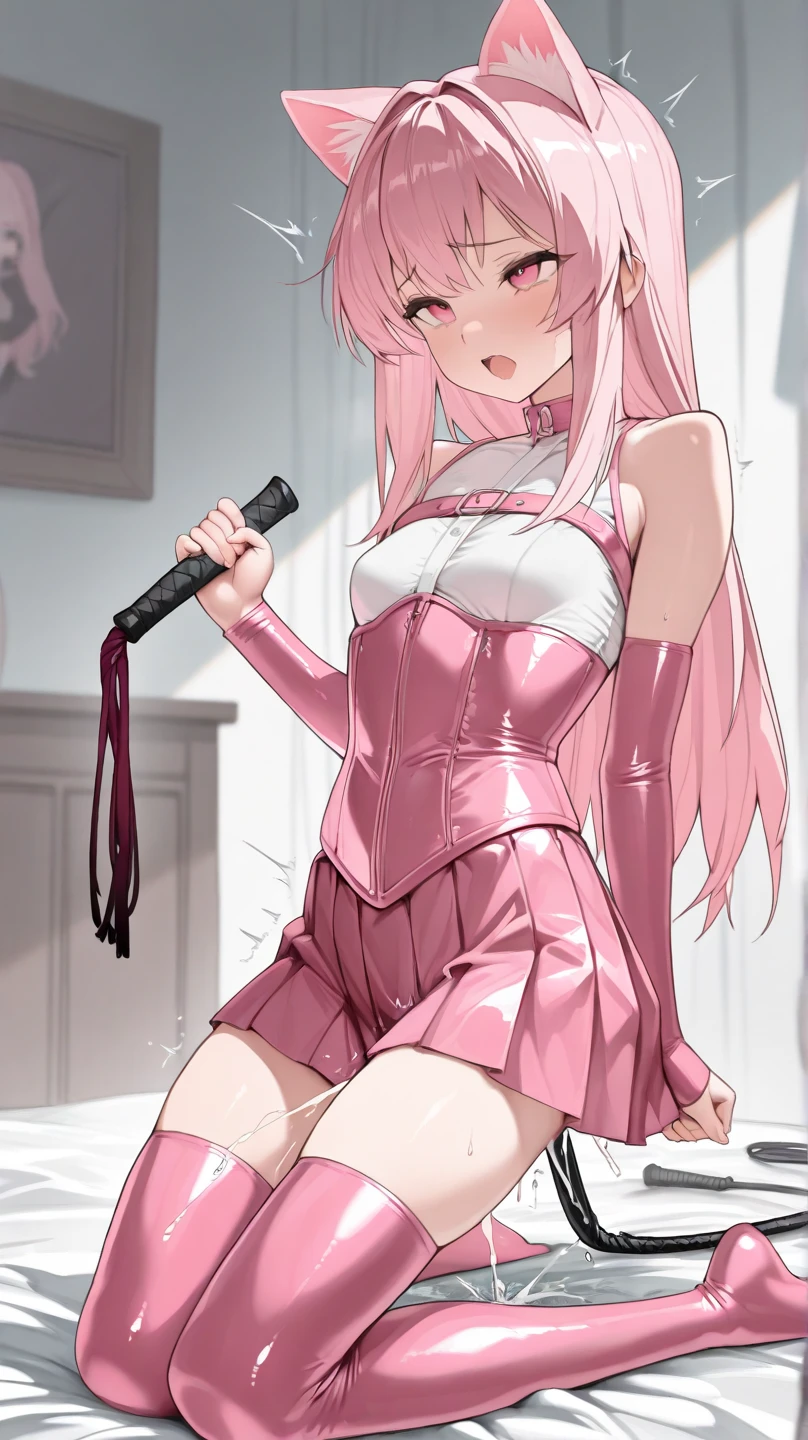 ultra-detailed, Explicit, Beautiful body, Beautiful Nose, Beautiful character design, perfect eyes, perfect face, ultra highres, 4K, beautiful legs, perfect legs, Nice hands, Perfect hand, Masterpiece, Best Quality, Highly detailed, illustration, absurdres, perfect anatomy, (((pink delmo uniform, jacket, pink latex jacket))), (((pink latex pencil skirt))), white stripes, extremely glossy latex, puffy sleeves, absurdres, highres, solo, cowboy shot, 1girl, perfect hands, wind, (highres,best_quality,masterpiece), hair ornament, small breast, tamaki_iroha_puellamagimadokamagicasidestorymagiarecord, pink_hair, pink_eyes, bangs, blunt_bangs, braid, sidelocks, blush, bow, long_hair