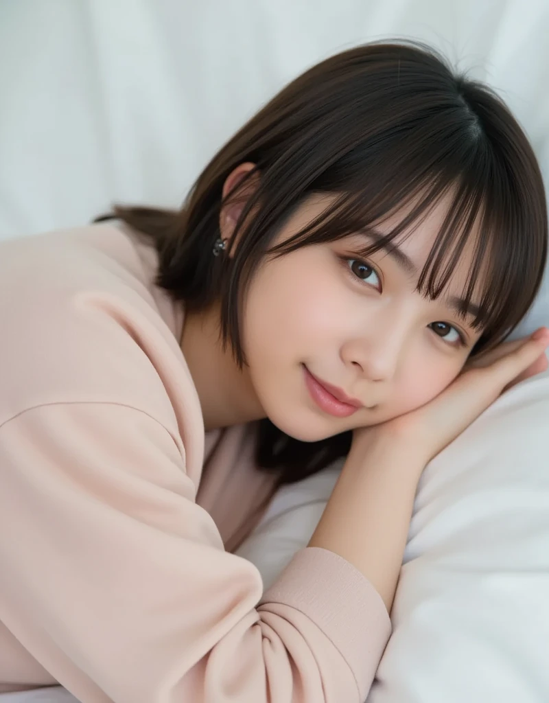 (8K、RAW Photos、Highest quality、masterpiece:1.2)、((Nipples:1.5))、((Flat Chest、Look at me and smile))、(Realistic、Realistic)、1 Girl、((naked、wake up、After sexual、morning、 Hotel Bedroom、Lying in bed、Bathrobes、smile))、cute