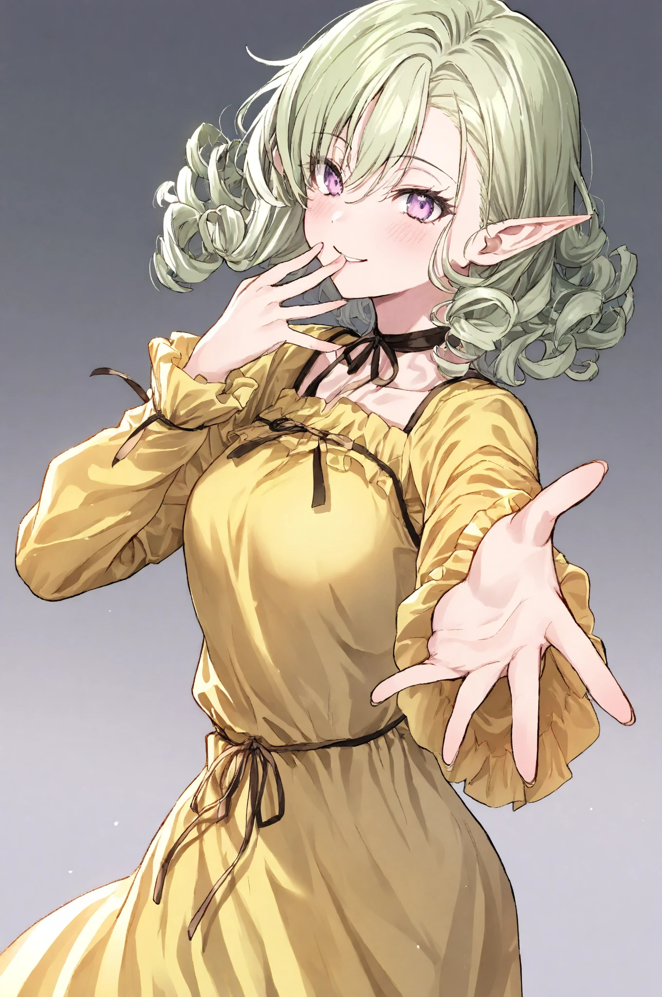 masterpiece, Best Quality, Very Beautiful, latest, ABSADE DRESS, high resolution,
1 girl, Alone,
pale green hair , light purple eyes, curly hair, Curled side locks, medium hair, place arms back and forth, asymmetrical bangs, pointed ears, elf,
viewers, is reaching out to viewers, smile, open your mouth,
frills, yellow dress, long sleeve, detachable sleeve, choker, ribbon,
Tanemura Ayaki