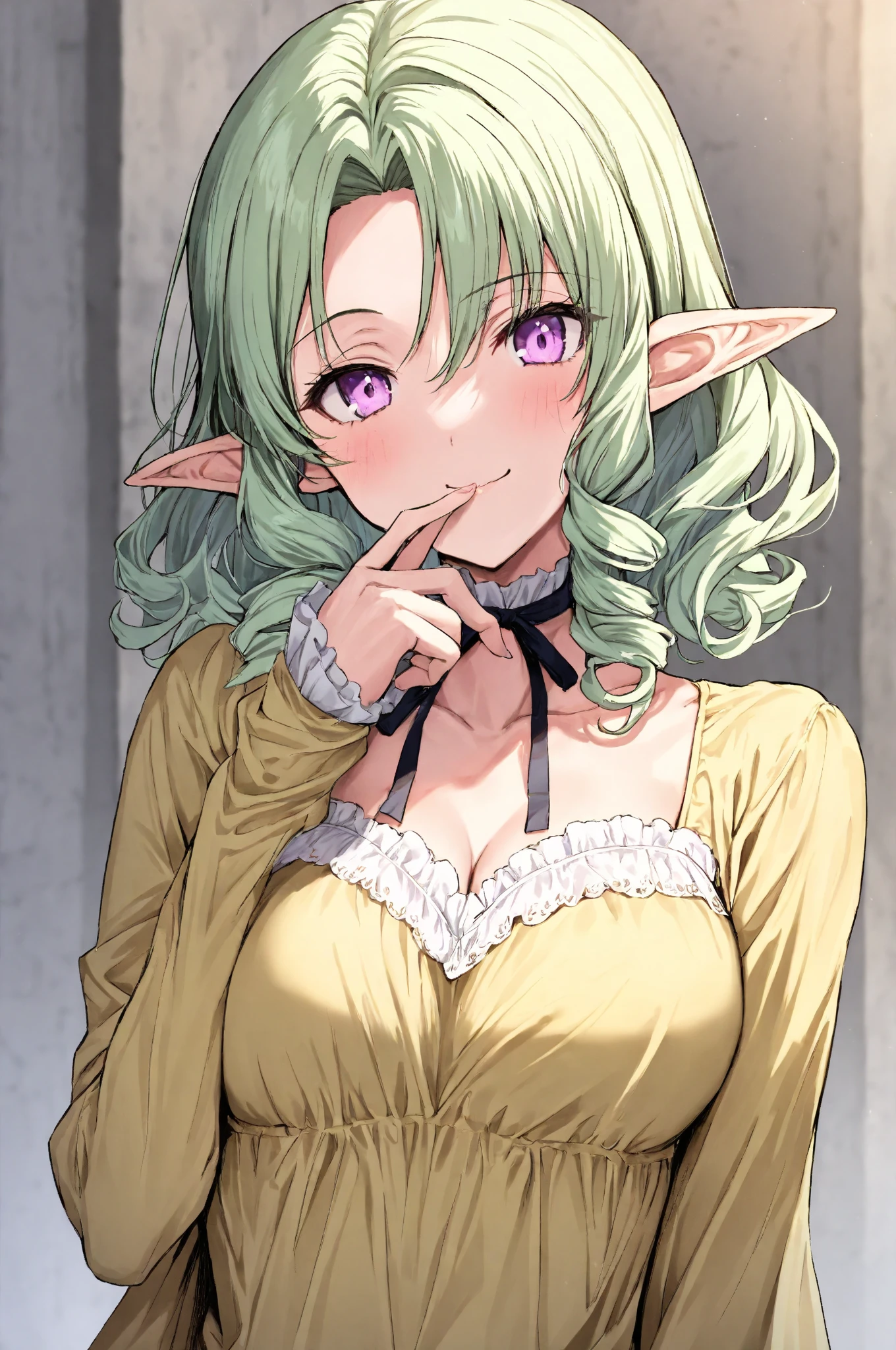 masterpiece, Best Quality, Very Beautiful, latest, ABSADE DRESS, high resolution,
1 girl, Alone,
pale green hair , light purple eyes, curly hair, Curled side locks, medium hair, place arms back and forth, asymmetrical bangs, pointed ears, elf,
viewers, is reaching out to viewers, smile, open your mouth,
frills, yellow dress, long sleeve, detachable sleeve, choker, ribbon,
Tanemura Ayaki
