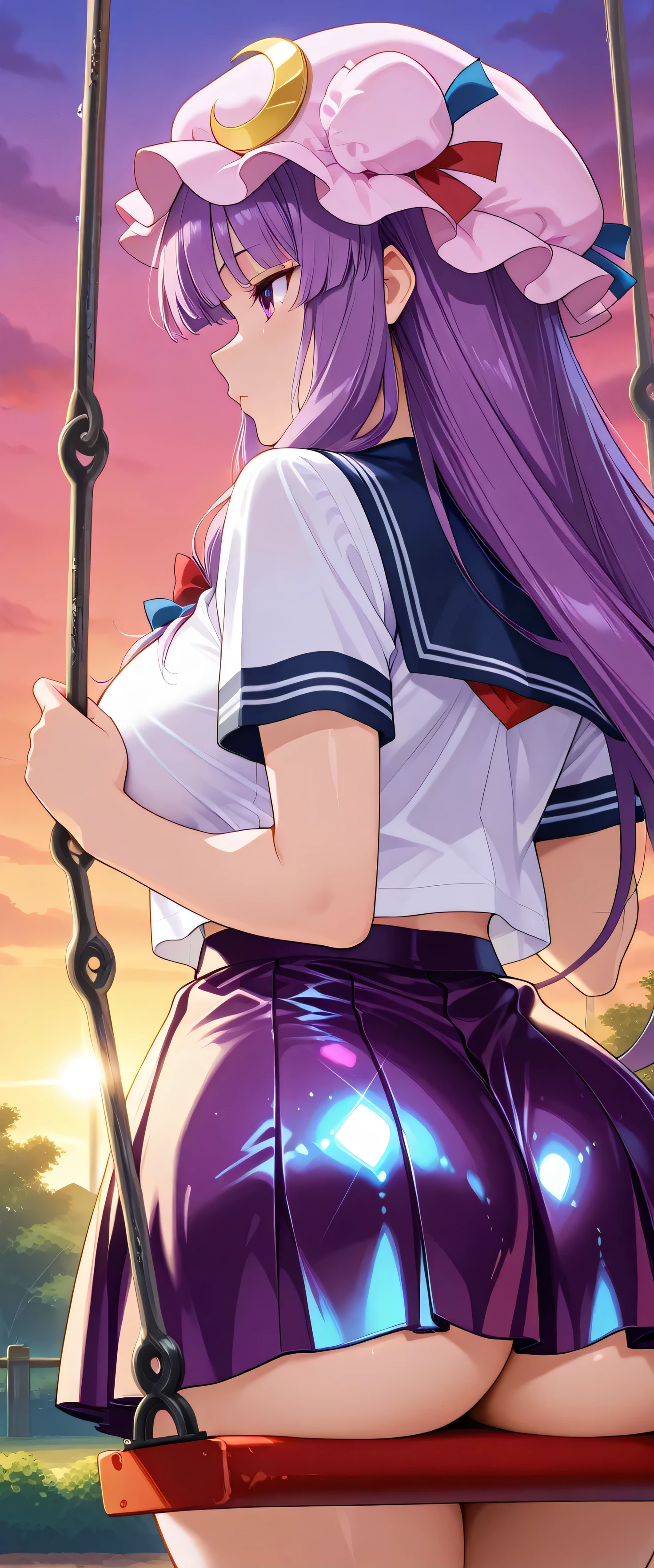 (beautiful girl:1.3),masterpiece,Please redeem,Ultra-high resolution,rich contrast,Very high quality,8k,Highly detailed CG unit wallpaper,Texture,So ridiculous,RAW Photos,Highest quality anime,anime-style illustration,studio anime style,professional photograph,an extremely delicate and beautiful,Depth of written boundary 1.2,ultra-detailed eyes,Glowing Skin,Glitter Effect,Beautiful glossy lips,patchouli knowledge, 1girl , alone, purple hair,very short hair, purple eyes, mob cap, pink headwear, crescent hat ornament, blue bow, red bow, hat ribbon, hair bow, Crescent Pin, red ribbon, (school uniform, short sleeve shirt, summer style with light fabric,Metallic skirt),((mini skirt)), big breasts,Big Round Ass,garden,sunset,lens flare,swing,(She's on the swing),(profile:1.5),(butt close-up:1.5)