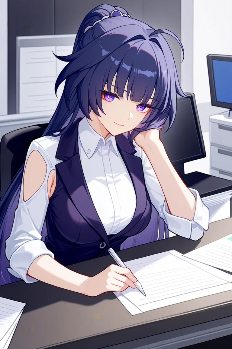 1 girl, cute, seductive smile, office suit, long braided hair, purple hair, expressive eyes, perfect eyes, perfect face happy, looking at viewer, city background, simple background, masterpiece, better quality, 8k ray tracing