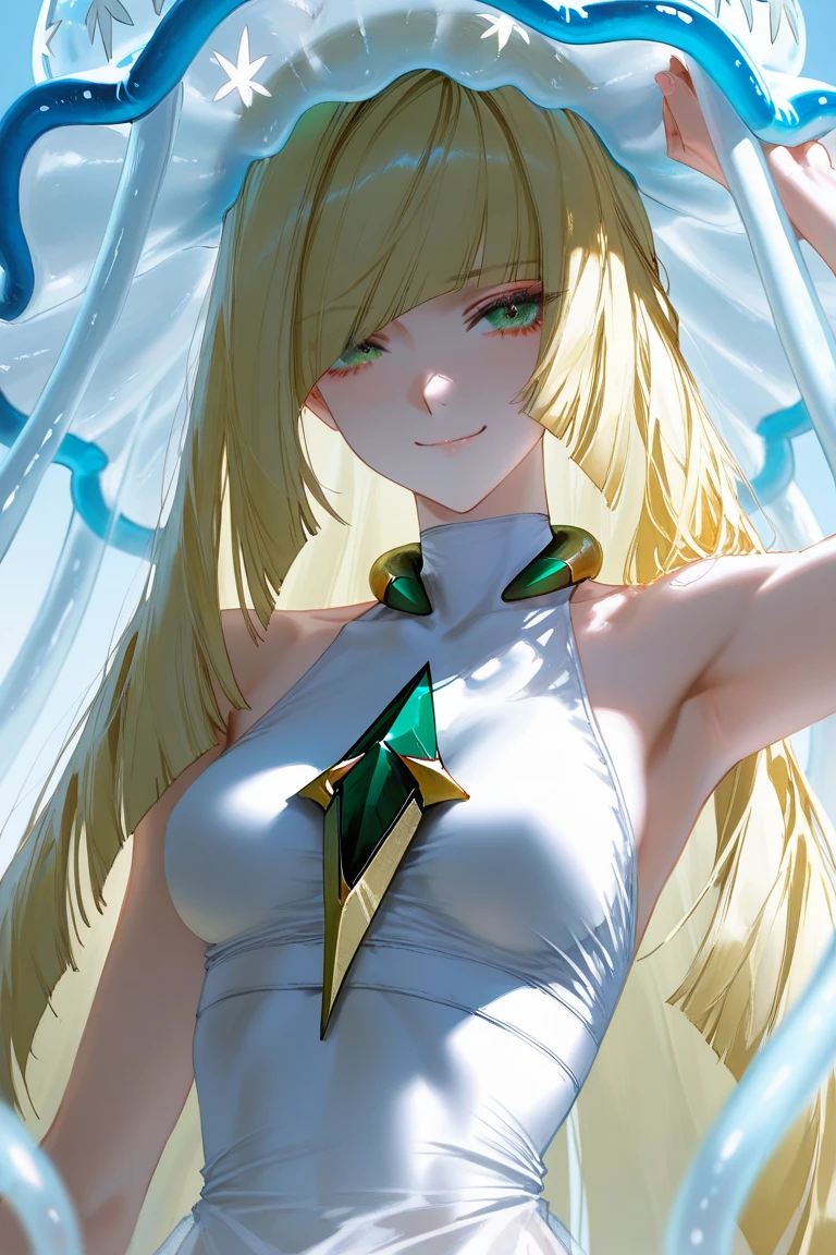 Pokemon Lusamine, Pokemon Lusamine, Blonde Hair, (Green Eyes:1.5), Hair above one eye, Long Hair, Multicolored Hair, Striped Hair, very Long Hair,Blonde Hair Breaking Bare Arms, diamond (shape), dress, gem, green gemstone, leggings, short dress, No sleeve, No sleeve dress, white dress, white leggings, looking at viewer, Upper Body, whole body,No pants (masterpiece:1.2), Highest quality, High resolution, unity 8k wallpaper, (figure:0.8), (Beautiful and fine details:1.6), (Perfect hands, Perfect Anatomy),blush，Crying face，Having sex，Creampie，Climax