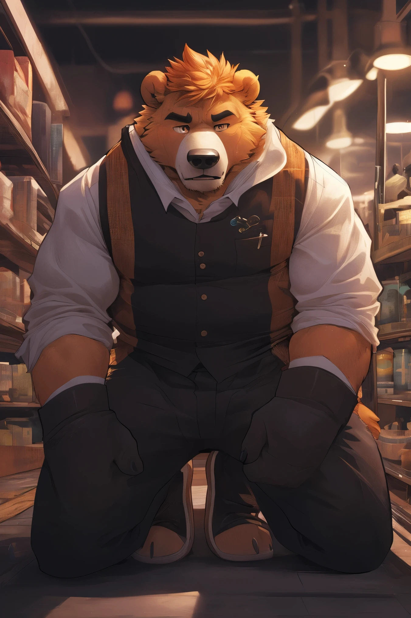 (Super detailed), Sharp focus,hairy, Gray fur, White beard, White hair,human nature (Arctic Bear:1.3), male, Old face, Gray body, White belly, muscular ,(Crotch bulge),(Big Bag),Super detailed face,(dishevelled:1.4),(best quality), (masterpiece), High Detail, high quality,High resolution,16K,(Bear:1.3),(scar:0.6),Frowning serious expression,(slight fat:1.1),(White suit),(Office Background),(Kneeling on the ground),(Stick out your tongue),(naked:1.3)
