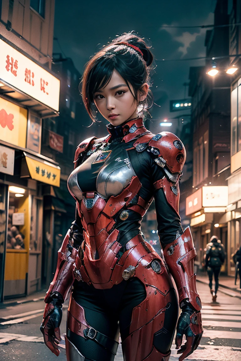 a woman in a red and black suit with a gun, girl in mecha cyber armor, female mecha, by Russell Dongjun Lu, [ trending on cgsociety ]!!, cgsociety and fenghua zhong, cyborg girl, perfect anime cyborg woman, lady in red armor, cute cyborg girl, beautiful female android!, by Jeremy Chong, japanese cyborg