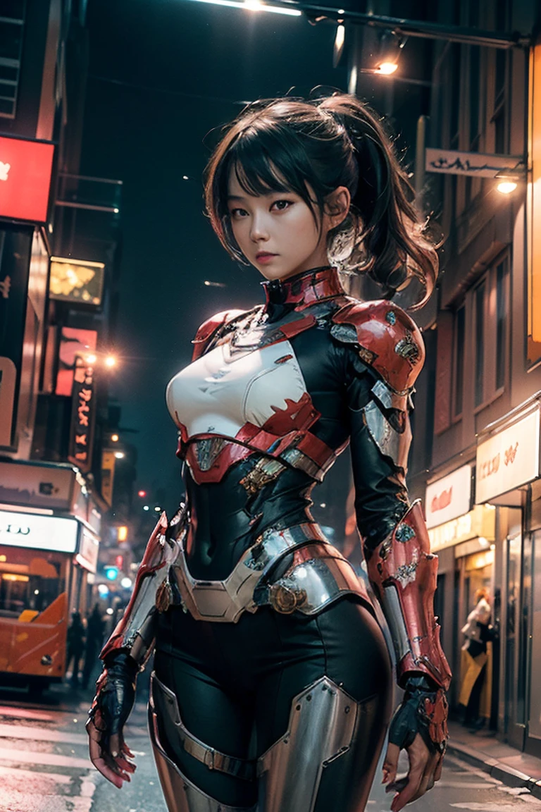 the highest picture quality、Exceptional detail、ultra-highres、(realistness:1.4)、the best illustration、Prefer details、Highly condensed 1girl、delicate and beautiful face、、Wearing a white and red mecha helmet、Riding a black motorcycle、The background is a lighting scene in Dotonbori, Osaka。Glico's Signboard、Highly exposed in golden and silver Spider-Man costumes、lower ponytail hair、