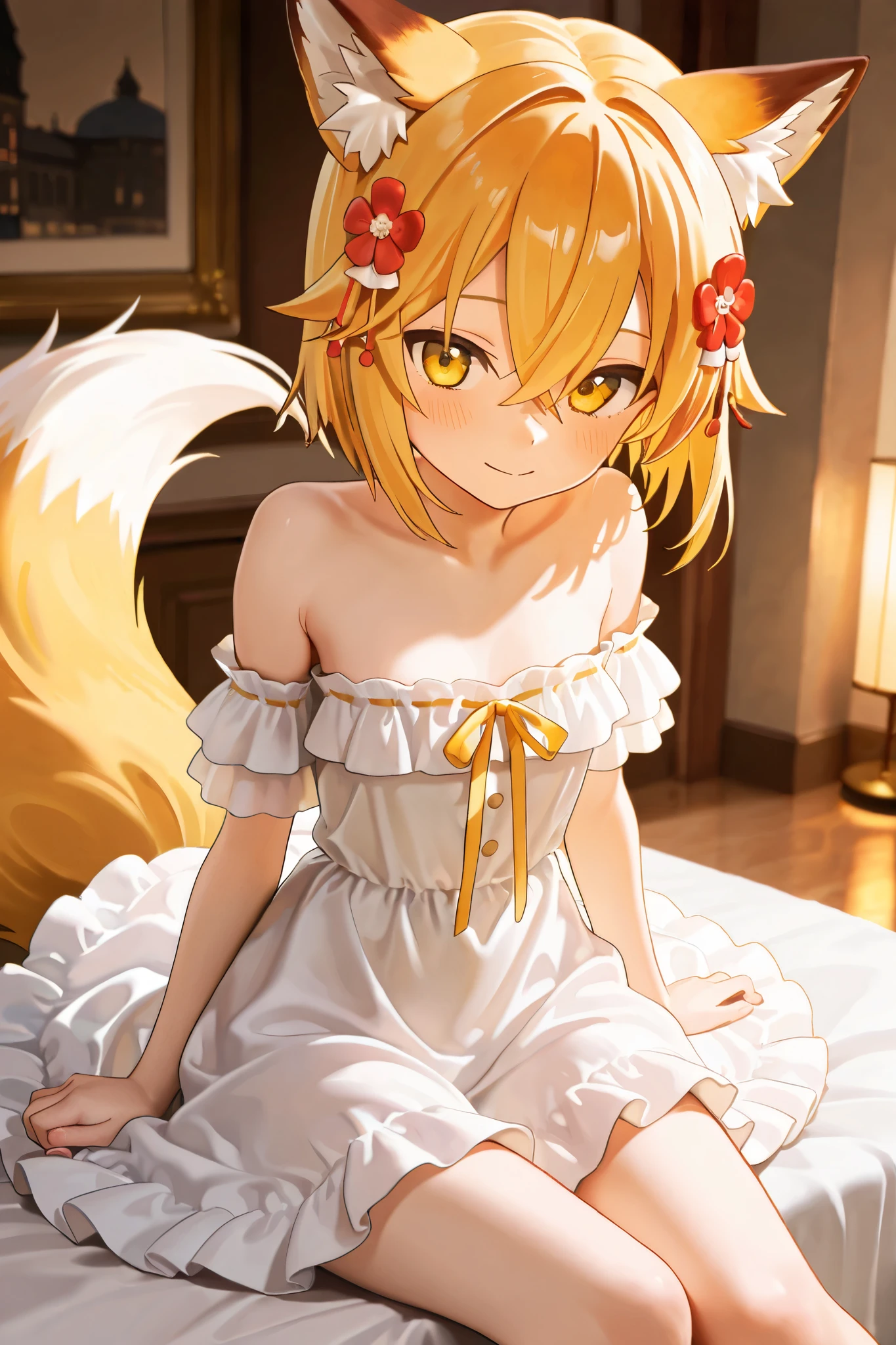 NSFW,masterpiece,best quality,high resolution,very detailed,Fairy Fox\(世話やきキツネのFairy Foxさん\),short hair,bungs、golden hair、hair ornament、 Beast Ears、hair between eyes、yellow eyes、flower、髪のflower、 Beast Earsの綿毛、fox ears、赤いflower、Fox Girl,strapless ruffle dress,flower柄のドレス, luxury mansion,Party Venue