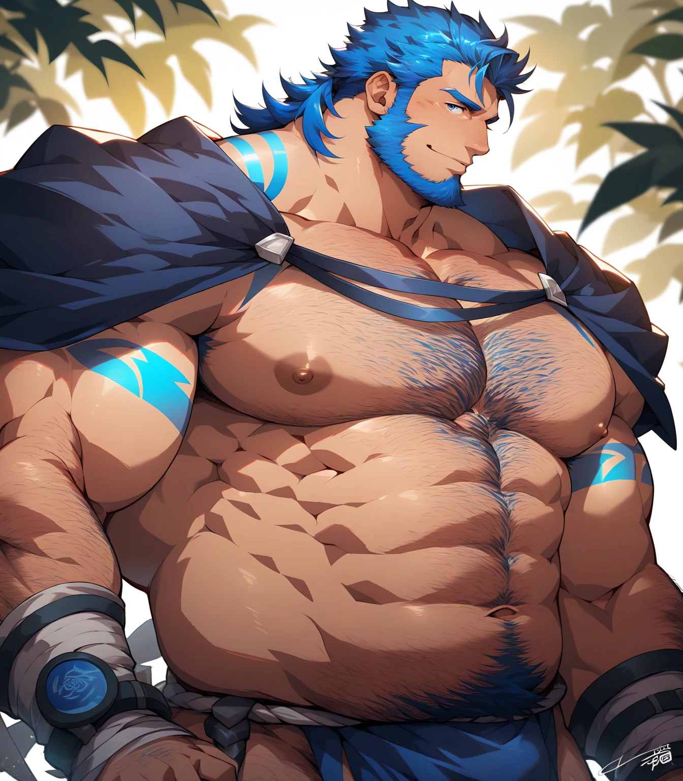 Cow,bovine, chubby, belly, anime style, muscular arms, thick thighs, approaching perfectly, long blue hair up, black small underwear, silver futuristic armor, nipples, detailed bulge, big balls, sexy pose