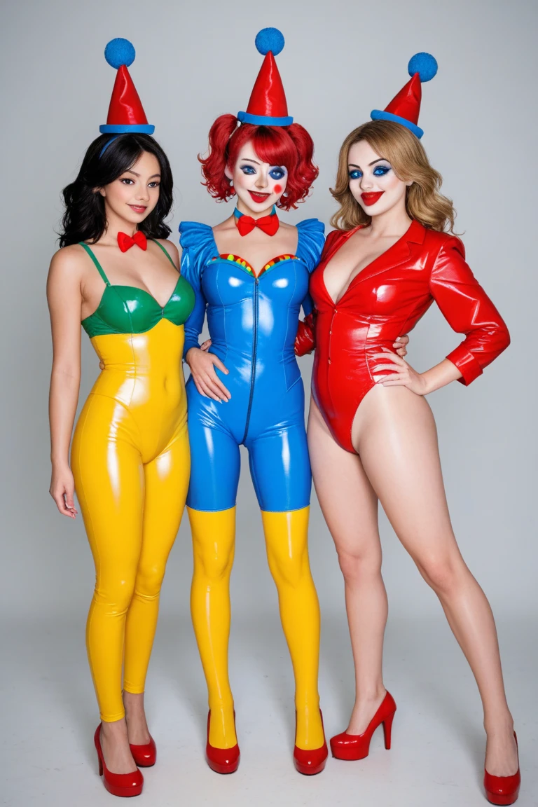 Three clown girls clowning Rubber Suit hair color: blue(1.1) Japanese Red and blue clown suit Two-pronged clown hat Clown makeup