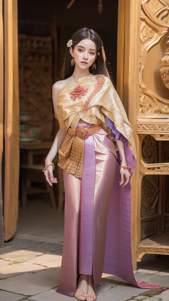 (raw photos:1.2), (realistic:1.4), (Masterpiece:1.3), (best quality:1.4), Ultra high resolution, (Detailed eyes), (Detailed facial features), (Detailed clothing features), HDR, 8K resolution, Focus only, let your hair grow long, Dressing according to Thai tradition, Traditional shawl , 1 woman , big breasts, A gigantic rift, big breastsดันเสื้อผ้า, big breast, Breasts are fully grown., Make your breasts bigger.., small waist, Long legs, Facing the audience, Full body, depth of field, Lighting system at the level of ancient Thai houses, big breasts, too big for your body, Showing a flat stomach, full of jewelry