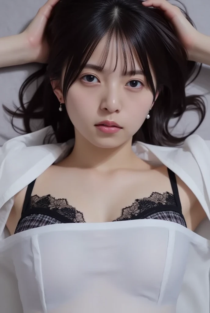 13years, Cute Girl, Japanese, ((Black skirt)), Spread legs, (White swimwear),((swimsuit aside)), ((Sleep with your eyes closed)), lying on one's side on bed,