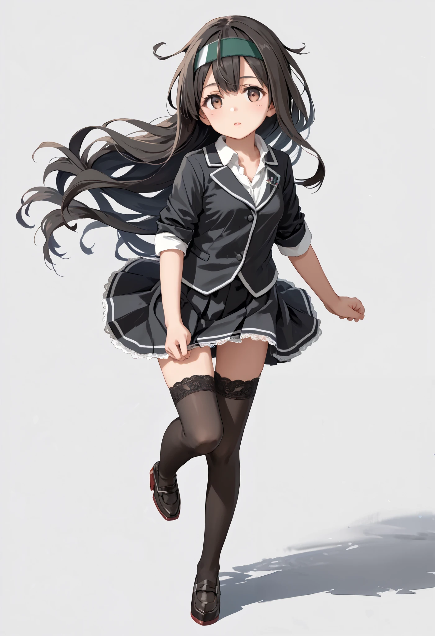 score_9,score_8_up,score_7_up,source_anime,cowboy shooting,An idealized form,natural light,detailed background,lace costume with blurry images,very detailed,1 girl,(),first frost (KanColle),brown eyes,(left(white)right(green))headband,(black)long hair,( low-tide)hair,(black)hair,small breasts,(small),shirt,blazers,black skirt,one leg above the knee stockings, three-sided view, Front, back and sides ,full body,simple background,