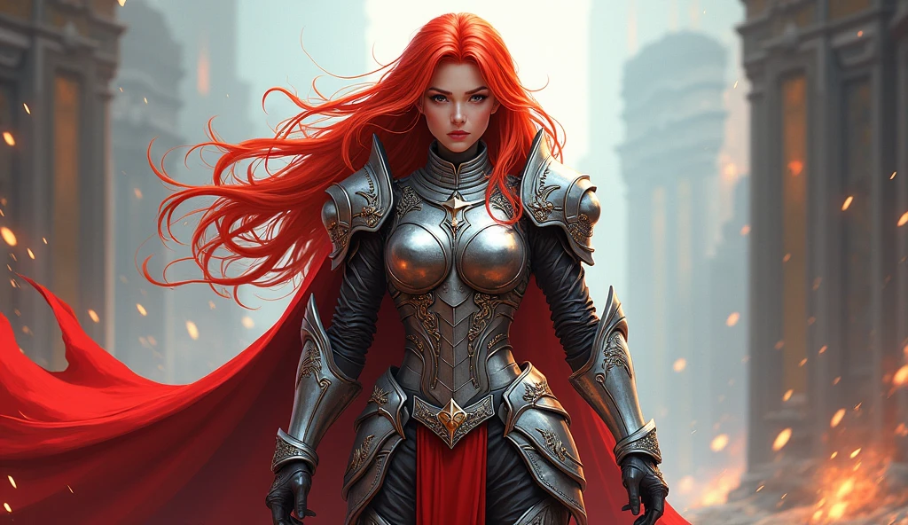 (full body portrait, female, red hair, light skin tone, dark blue eyes, warrior, plate armor, holding a huge sword, Dungeons and Dragons, deep and brave background): 0.8