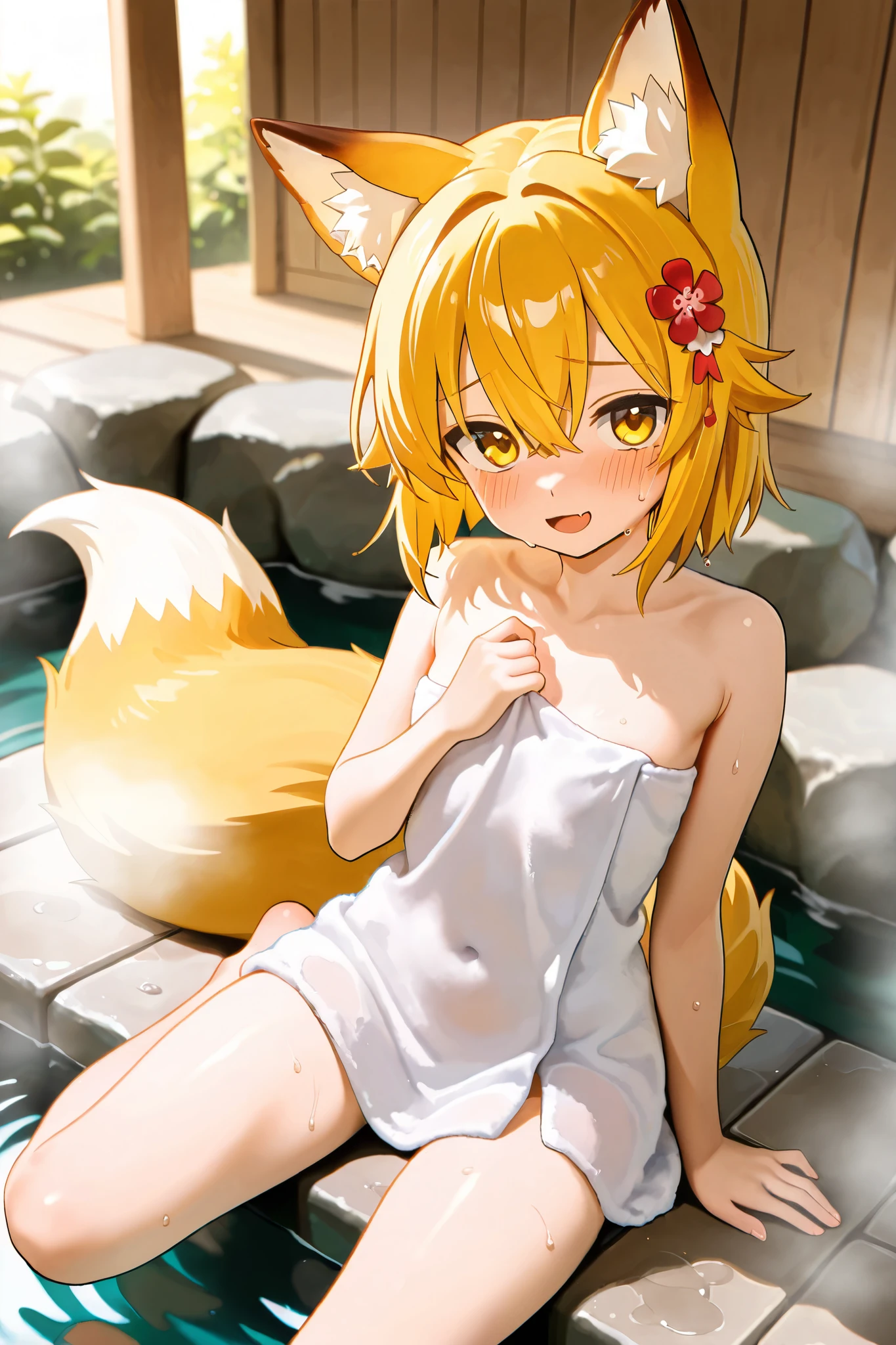 NSFW,masterpiece,best quality,high resolution,very detailed,Fairy Fox\(世話やきキツネのFairy Foxさん\),short hair,bungs、golden hair、hair ornament、 Beast Ears、hair between eyes、yellow eyes、flower、髪のflower、 Beast Earsの綿毛、fox ears、赤いflower、Fox Girl,bath towel,Hot Springs,cover,shy face,shy laugh