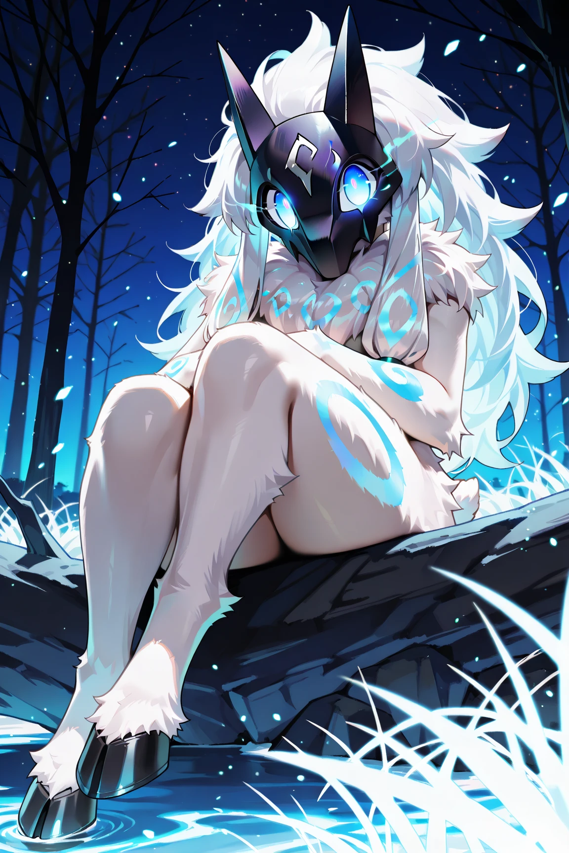 (masterpiece, best quality:1.4),
1girl, furry female, body fur, (white fur, white skin:1.3), chest tuft, digitigrade, tiny,skinny,spread legs
white hair, long hair,
black mask, (blue eyes, glowing eyes:1.4),
hooves,(nude:1.4)
BREAK,
nature, jungle, magical forest, fantasy forest, grass, purple leaves, plants, glowing flowers, rocks, (night:1.2),