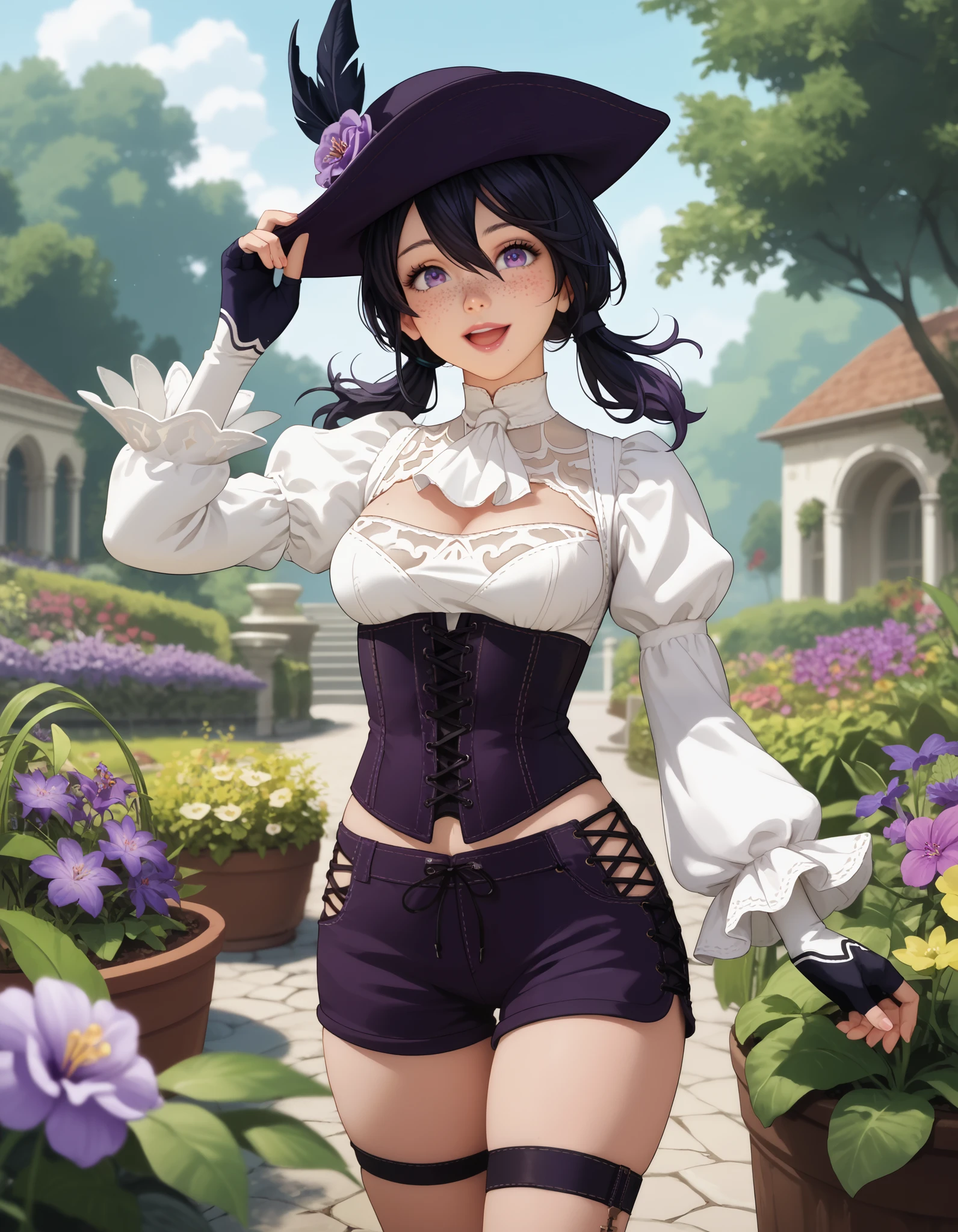 score_9, score_8_up, score_7_up, source_anime, anime_screencap, solo, nier2b, 1girl, purple eyes, big eyes, ish, open mouth, lips, smile, low twintails, medium hair, hair between eyes, tricorne, purple tricorne, white ascot, wide sleeves, long sleeves, white shirt, purple hat, hat, hat_feather, black hair, frills, freckles, ouji fashion, purple corset, corset, purple shorts, cross-laced shorts, thigh strap, medium breasts, white sleeves, framed breasts, fingerless gloves, coattails, purple orchids, garden, hand on headwear, cowboy shot,