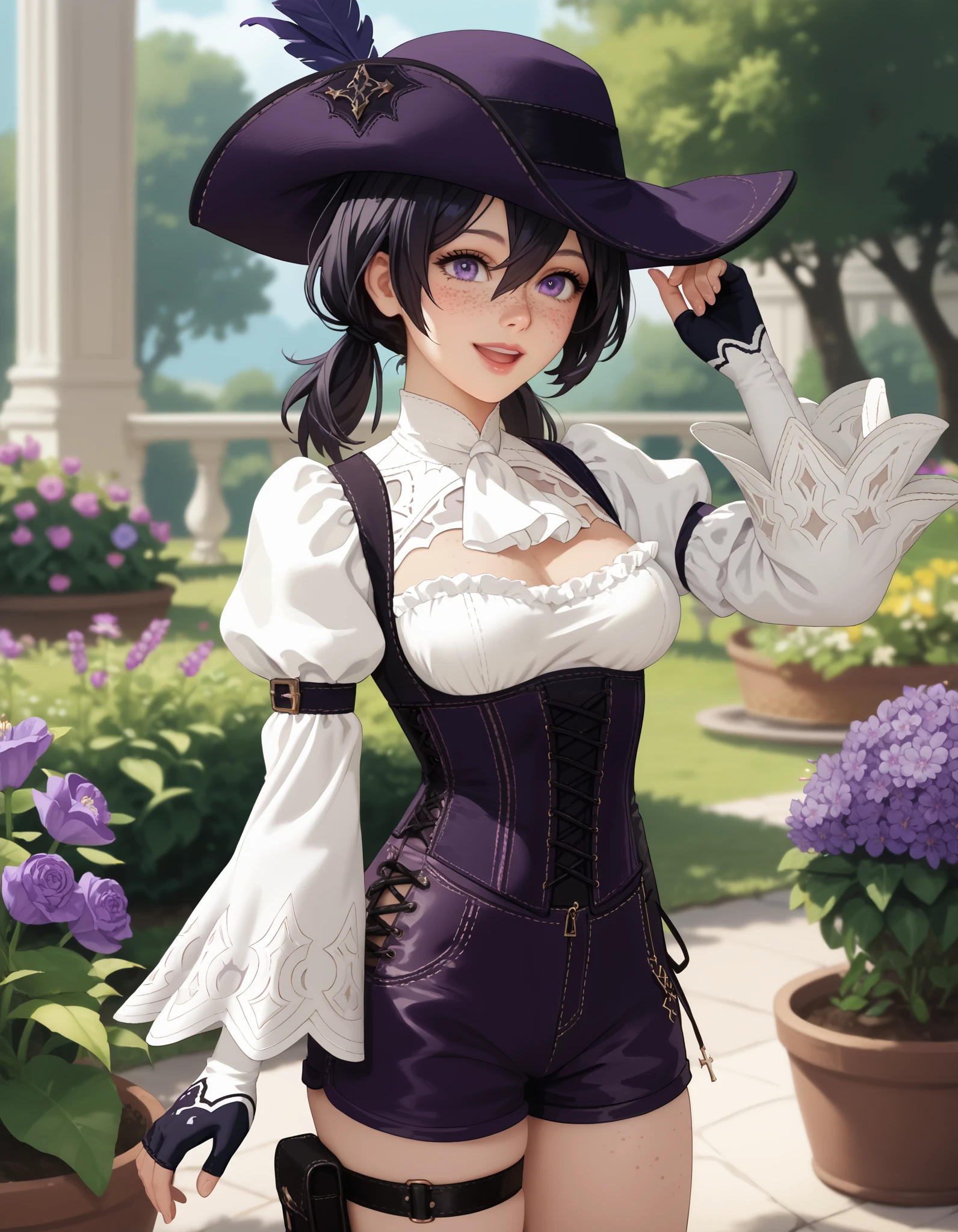 score_9, score_8_up, score_7_up, source_anime, anime_screencap, solo, nier2b, 1girl, purple eyes, big eyes, ish, open mouth, lips, smile, low twintails, medium hair, hair between eyes, tricorne, purple tricorne, white ascot, wide sleeves, long sleeves, white shirt, purple hat, hat, hat_feather, black hair, frills, freckles, ouji fashion, purple corset, corset, purple shorts, cross-laced shorts, thigh strap, medium breasts, white sleeves, framed breasts, fingerless gloves, coattails, purple orchids, garden, hand on headwear, cowboy shot,