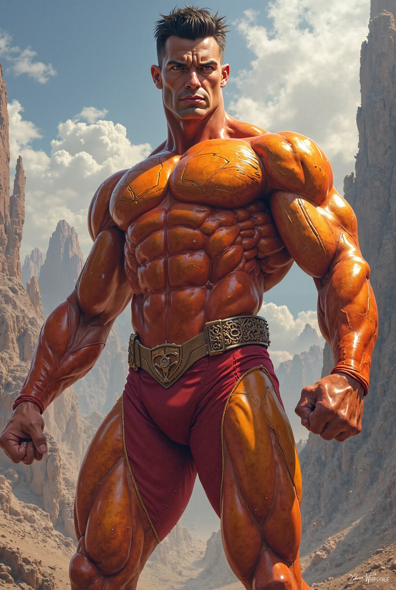 Dressed as the superhero “Mental Mind” a very handsome, sweet and truly massive monster Caucasian bodybuilder is showing off his huge bicep muscles and meaty thighs. Intense young adult. brown hair, powerfully muscled, massive shoulders and biceps. well-defined six pack. Thick gold necklace. Eye mask and cape