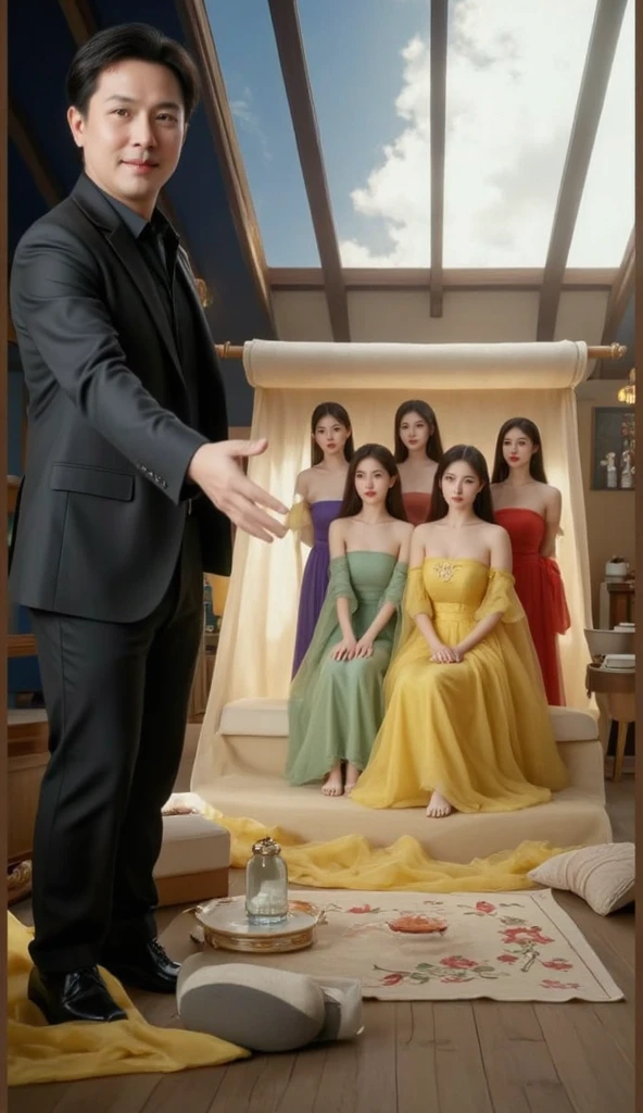 there are many people posing on a bed with a man, yanjun chengt, inspired by Wu Bin, inspired by Yanjun Cheng, (((luke chueh))), artwork in the style of guweiz, guweiz, lu ji, maxim sukharev, ruan jian, inspired by Wang Zhenpeng, donglu yu, guweiz masterpiece