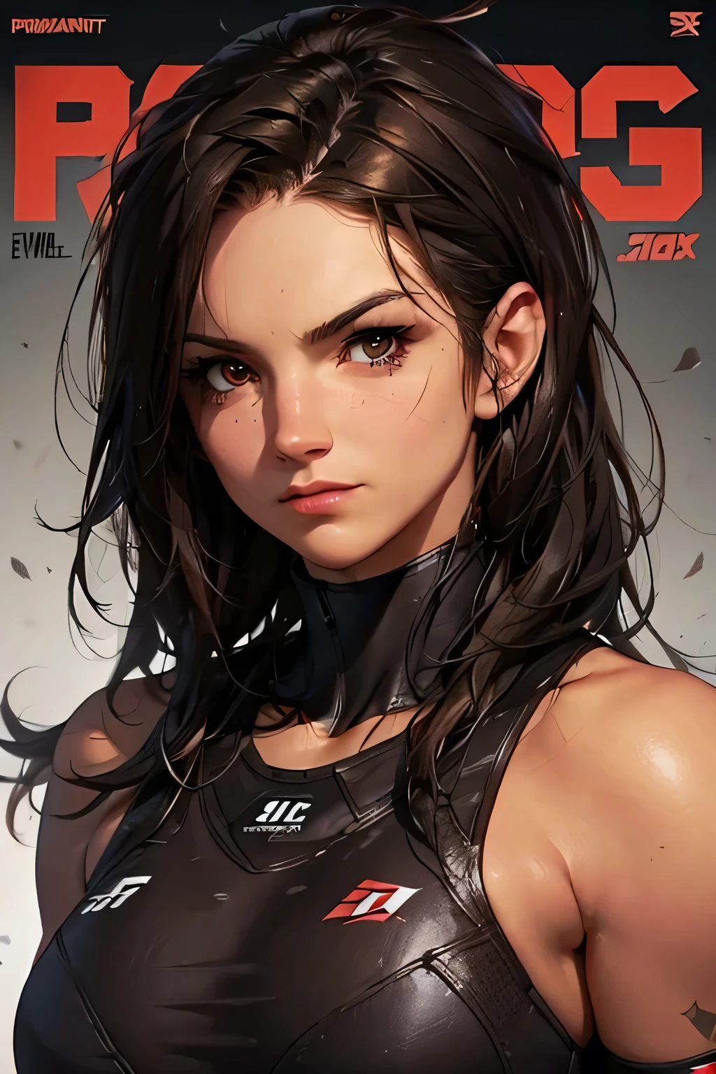 masterpiece, best quality, mature woman, messy hair, black hair, brunette gradient hair color, hot face, (tomboy face), tan skin, mature body, fit body, medium breasts, mechanic gloves, (dirty tank top), stained tank top, midriff, white bandana, mechanic pants, loose pants, blacksmith
