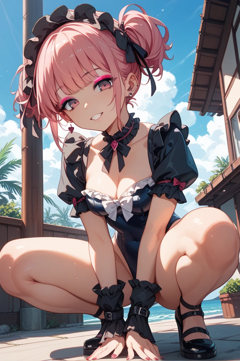 strapless, (underboob: 1.2), (twin tails)off shoulder,sitting on the ground in pink pread your legs wide open,Showing pure white panties between the crotches,wearing black stockings。