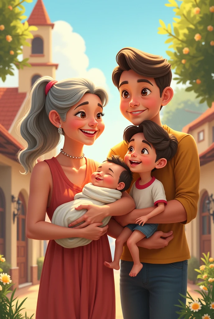 Cartoon young Mexican grandmother with teenage grandson and newborn granddaughter in pink dress on white background