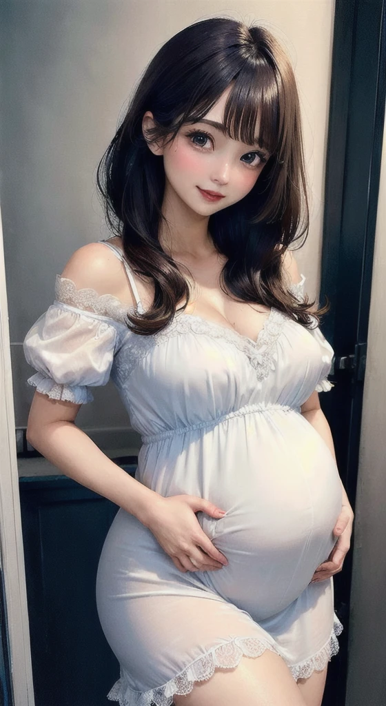 (ultra-realistic realism)、(illustration)、(A high resolution)、(8K)、(Best Illustration)、(Beautifully detailed eyes)、(top-quality)、(ultra - detailed)、(masterpiece)、(the wallpaper)、(A detailed face)、solo、looking at viewert、A detailed face、pureerosfaceace_V1、A smile、 long hair、slender body、huge breasts、big pregnant belly, pregnant 40 weeks, 46-point diagonal bangs、((White dress))、((Beautiful woman standing on the balcony of the castle))