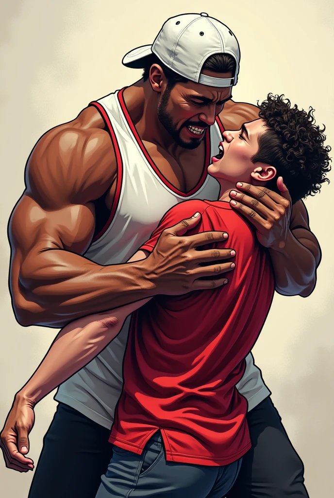 tall muscular man, straight hair negro, hugging a light-skinned boy around the waist, straight hair