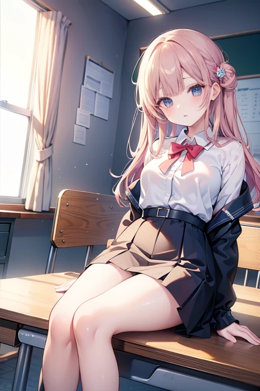 RAW Photos, Highest quality, High resolution, Very detailed、 8K image quality、、Panties、skirt、uniform、13 years old、classroom、Pink Hair Color、Showing her 、Sex