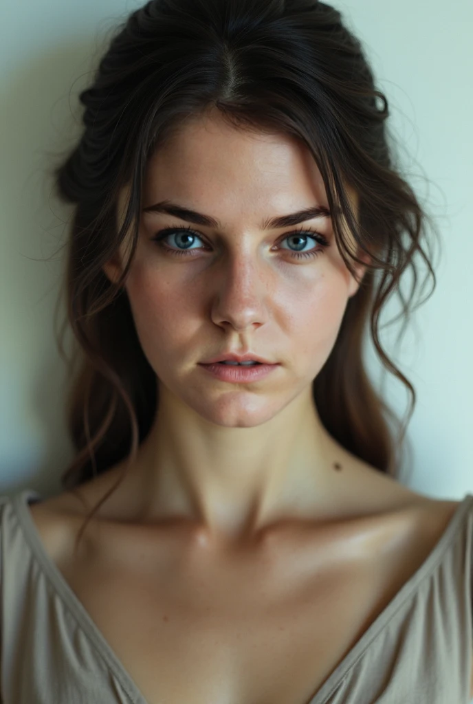 Generate woman from the woman in the photo, with green eyes, dark brown hair, smooth at neck height, very scared, white background