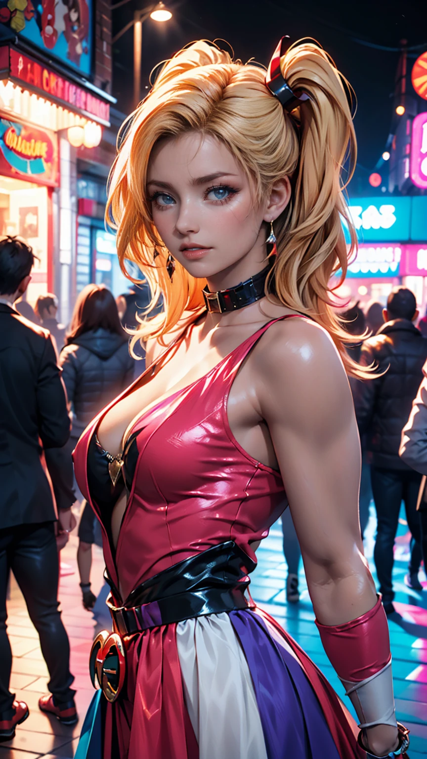 (masterpiece, best quality), (from below), 1 girl, perfect body, big breasts, woman, Ganguro, SPANDEX bikini top, jacket, (SILK tight mini skirt), SPANDEX panties, straight long bob cut ponytails, Posture crouching, city streets, Harajuku, late night