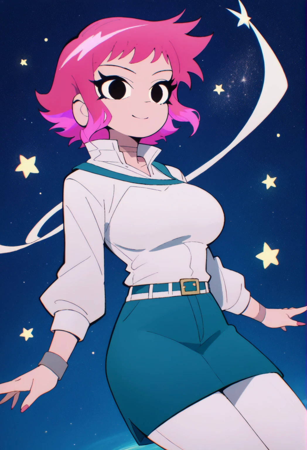 (Perfect body),Best Quality,16 K、NSFW、(((((Lori)))))、((((Short stature))))、blush、(V-shaped eyebrows)、:D、embarrassed from、((((Short hair))))、(hair messy)、waved hair、Ahoge、(Yellow eyes),((A pink-haired))、Yellow-green hair clip、(((Blue Dress)))、(White knee socks)、(Pink gloves)、Yellow jacket、((Light blue striped panties))、((Big ass))、(((flat chest)))、(((thick thighs)))、spreading legs、Hands raised、Armpits、Electronic space、