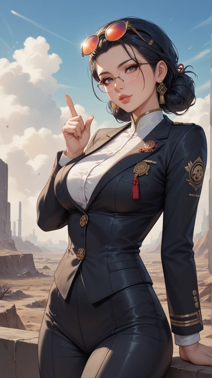 18-year-old South Korean woman, The most beautiful face that AI has created so far, with a futuristic appearance, with a black suit attached to her beautiful body, The costume must be futuristic and sparkle with phosphorescent blue letters of ancient Aramaic. The image must be focused from the waist up and the woman must have  and a neckline in the suit, you must also wear virtual reality glasses over your head and touch your lips with the index finger of your right hand, causing your lower lip to decline downward. The background landscape has to be a bleak place, apocalyptic and futuristic.